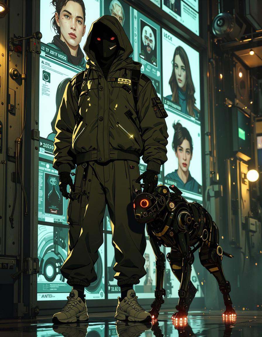 Anime style. A highly detailed digital illustration in fantasy art depicts a man and a robotic dog in a cyber-noir setting...
