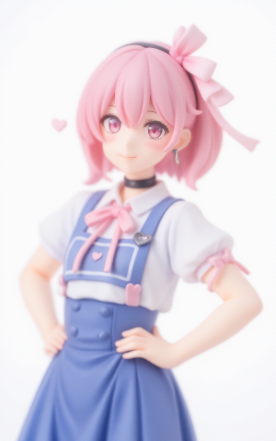 pvcstyle,1girl,ribbon, heart, jewelry, choker, standing, hairband, dress, simple background, earrings, white background, bow, pink eyes, blush stickers, looking at viewer, white shirt, :>, pink hair, cowboy shot, shirt, blue dress, heart choker, pink bow, pink choker, puffy short sleeves, heart print, closed mouth, puffy sleeves, hands on own hips, smile, pink ribbon, short sleeves, hair between eyes,masterpiece, newest, absurdres, safe<lora:pvcstyle:1>​​​