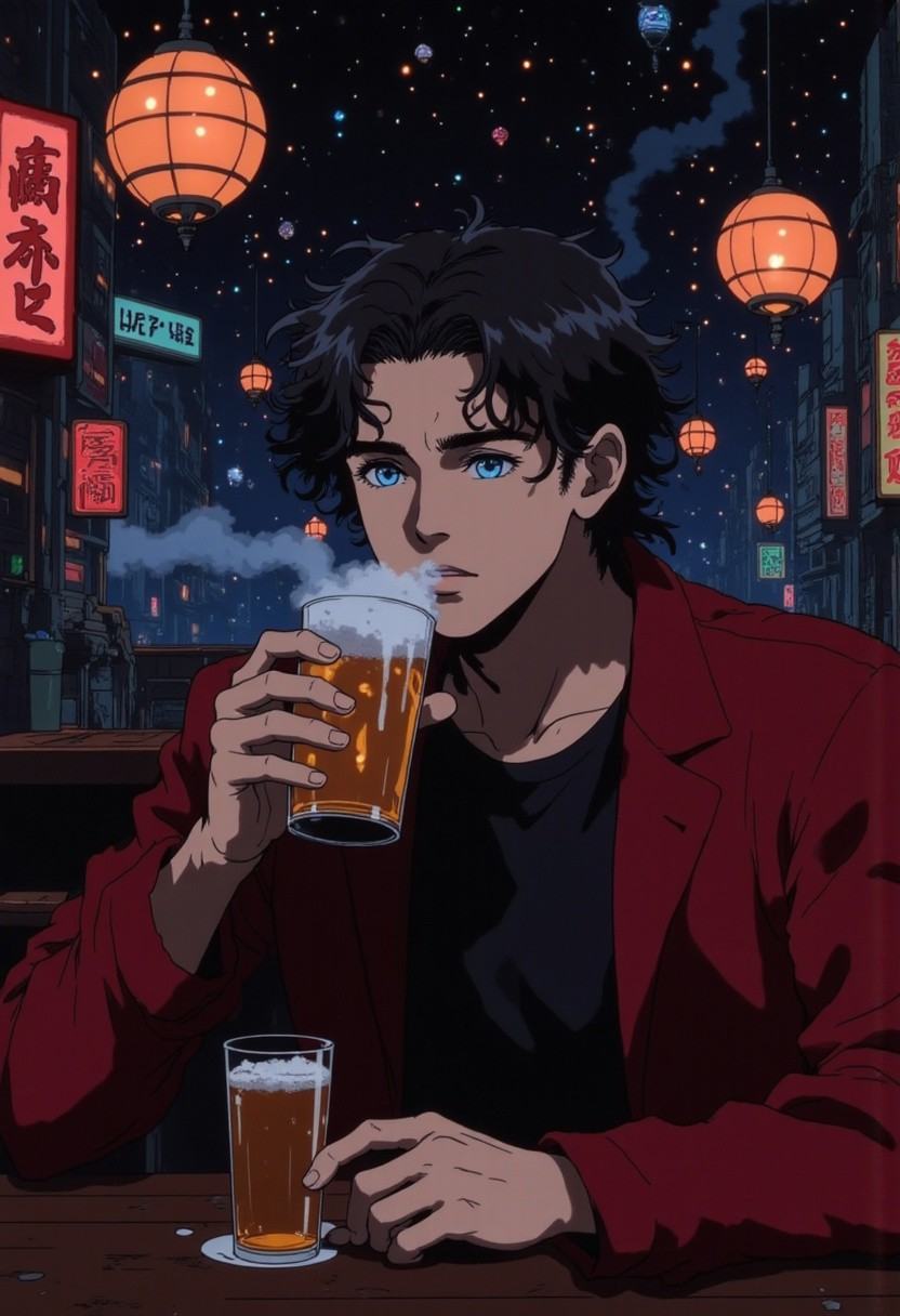 3986738193,  A man in a red jacket drinking a beer in a cyberpunk bar. on Tensor.Art