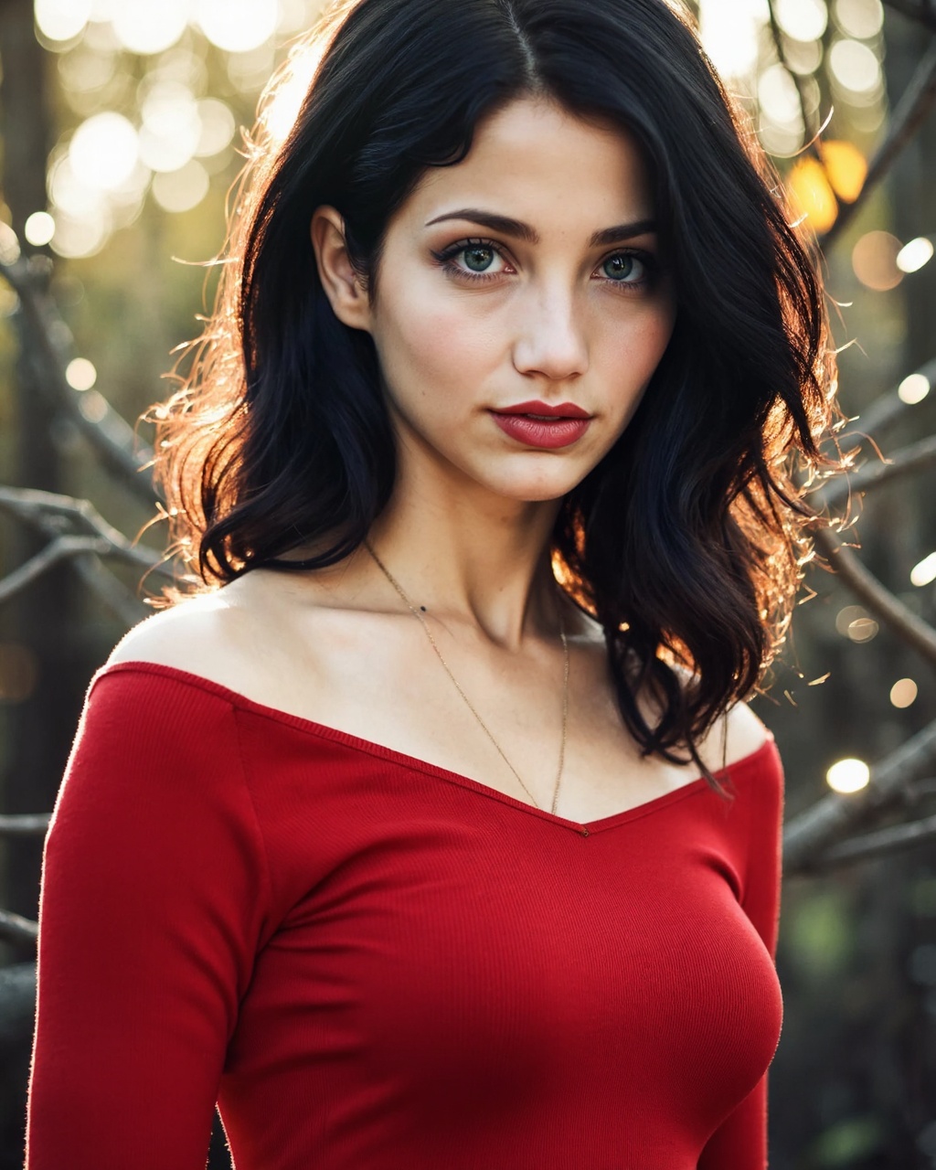 emily_rudd with a fair complexion and long,  wavy,  dark brown hair cascading over her shoulders. She has striking on Tens...