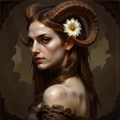 DFOP-V3.0 style oil painting that features fair-skinned woman with long straight brown hair adorned with a white flower an...