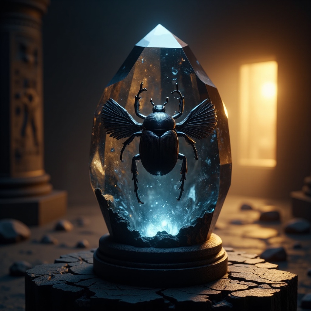 professional 3d model A smooth,  dark blue crystal rests on a pedestal in the heart of an ancient Egyptian tomb,  its surf...