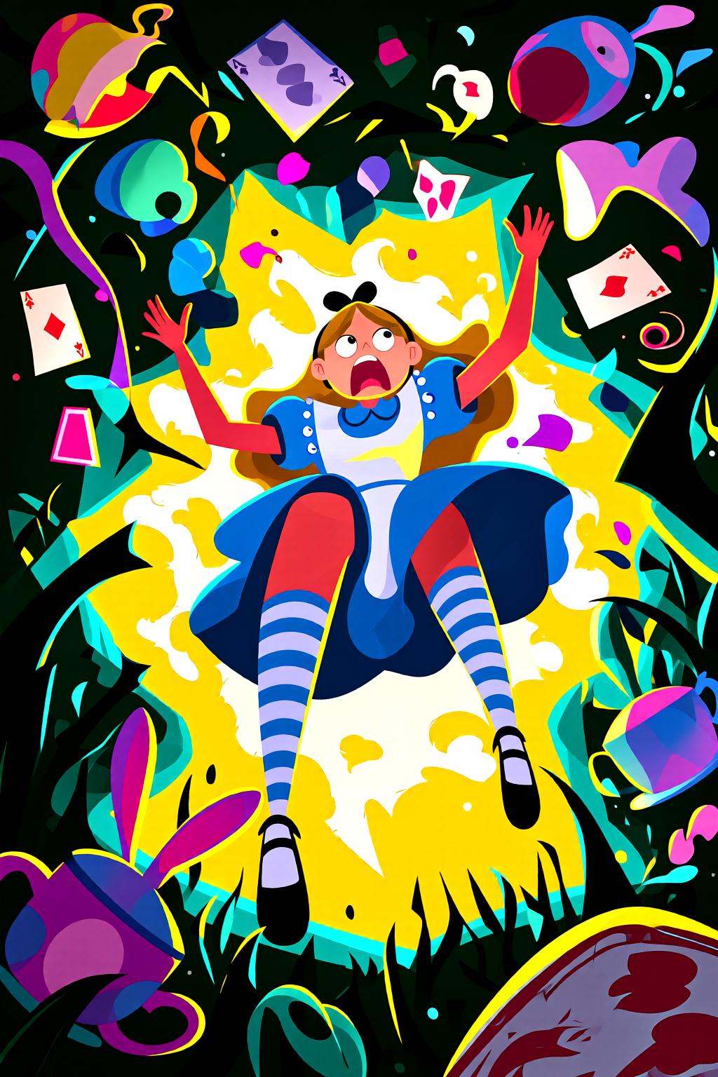 flatcolorvectorart2q illustration.Close-up of Alice in Wonderland falling into the rabbit hole,  with her legs dangling be...