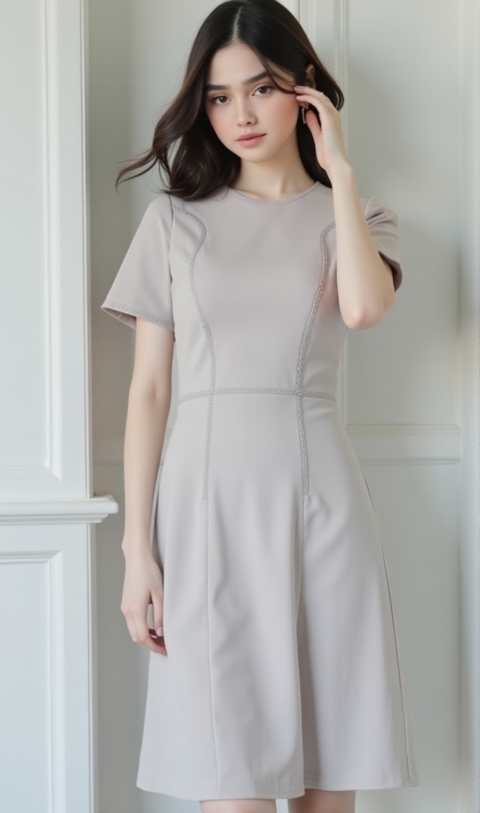 An elegant girl (clothing color soft light gray) wearing a minimalist style dress with a light gray overall color,  a roun...