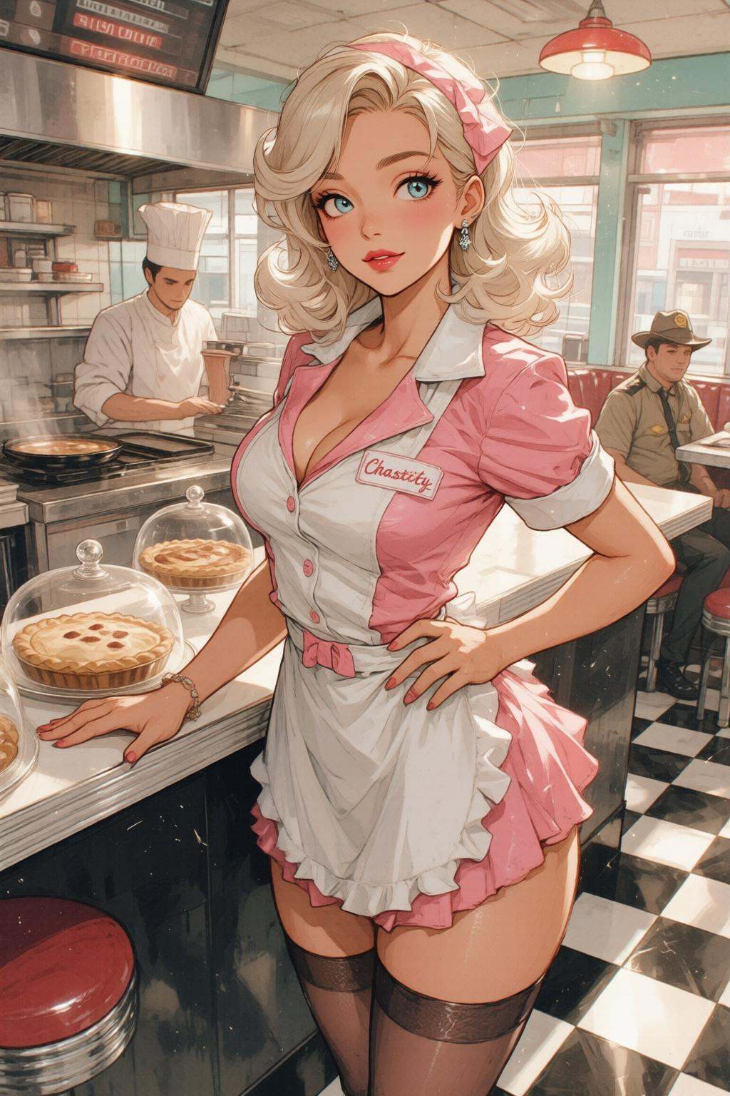 nijimix6q anime style watercolor illustration. Silmas. A waitress named "Chastity" standing behind the formica counter of...