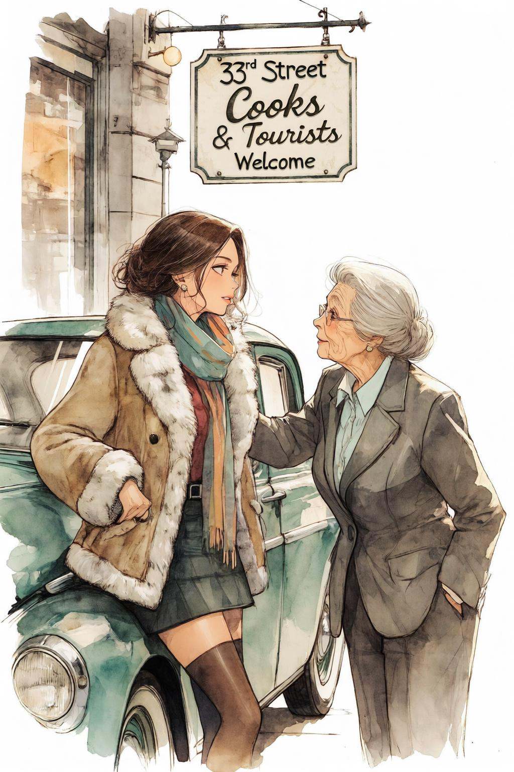 nijiwatercolor1q anime watercolor illustration.A woman in a fur coat and scarf leans against a vintage car while an elderl...