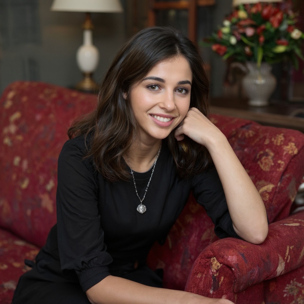 A portrait of naomi_scott seated on a red couch with a floral pattern. She wears a black blouse and a silver necklace with...