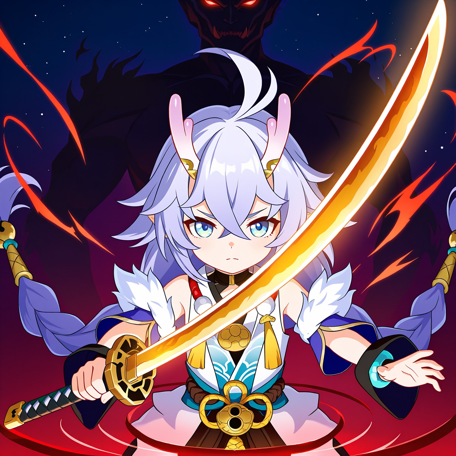 masterpiece, ultimate detailed, tiny finnest details,Fierce japanese female warrior is holding a reflective shiny (katana:1.3) in front of  her face, (an ancient mythical Japanese demon is reflected in the katana blade:1.6),anime stylebailu \(honkai: star rail\), honkai: star rail