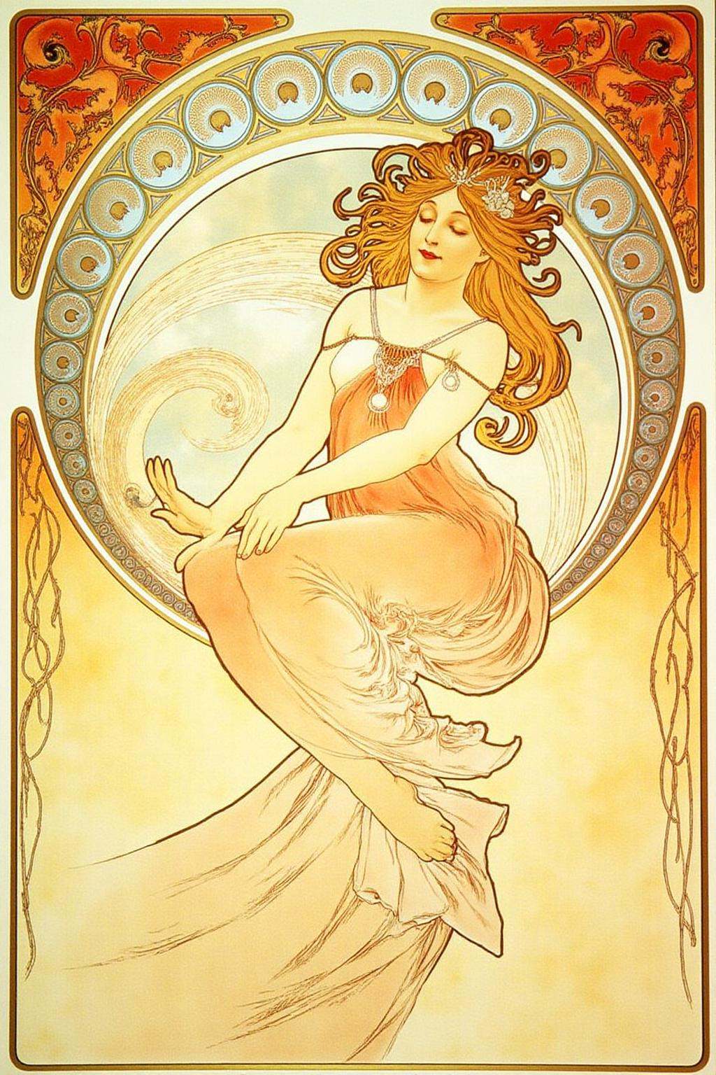 mucha1 illustrationA serene,  ethereal woman with flowing,  wavy golden hair cascading down her back and shoulders. She is...