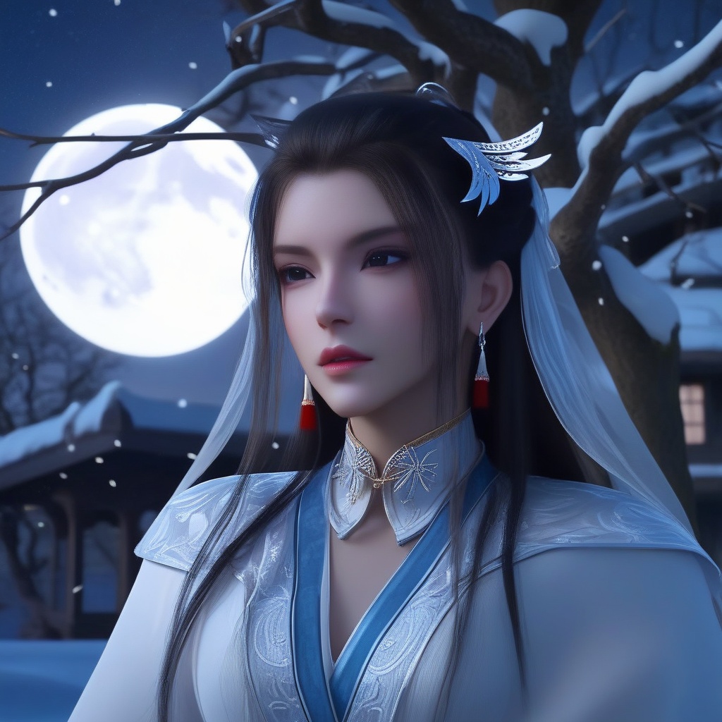 <lora:832-DA-XL-少年白马醉春风-晏琉璃-白衣:0.8>, (,1girl, ,best quality, ),,  picture-perfect face,   clean, masterpiece,     cinematic lighting, cinematic bloom, fantasy,  , unreal, science fiction, ((,1girl, pov,))(((,tree, 1girl, full moon,snowing,snow ,solo,     solo focus,  long_hair, looking_at_viewer,  )))  (rich:1.4,)     prestige, luxury, jewelry, diamond, gold, pearl, gem, sapphire, ruby, emerald, intricate detail, delicate pattern, charming, alluring, seductive, erotic, enchanting, hair ornament, necklace, earrings, bracelet, ,(sit),