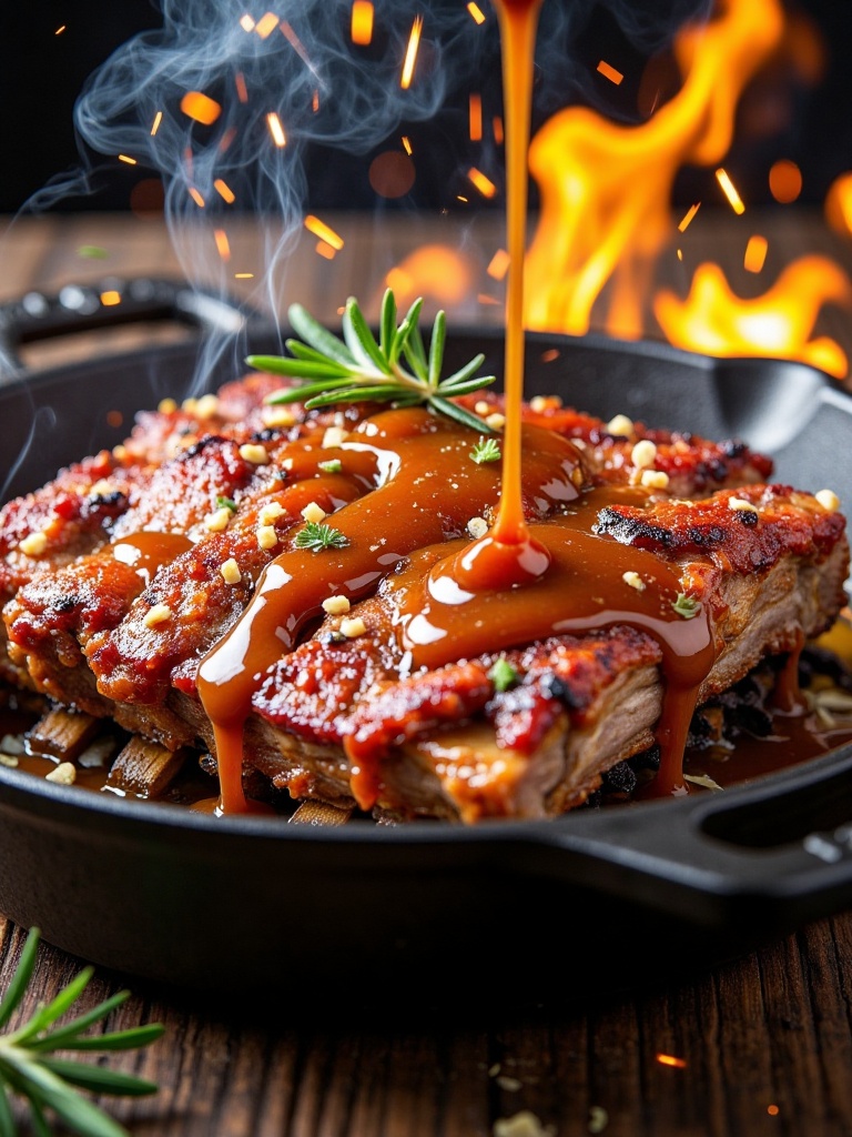 gourmet food,  Close-up of cast iron pot roasted pork ribs,  drizzled with caramel barbecue sauce on Tensor.Art