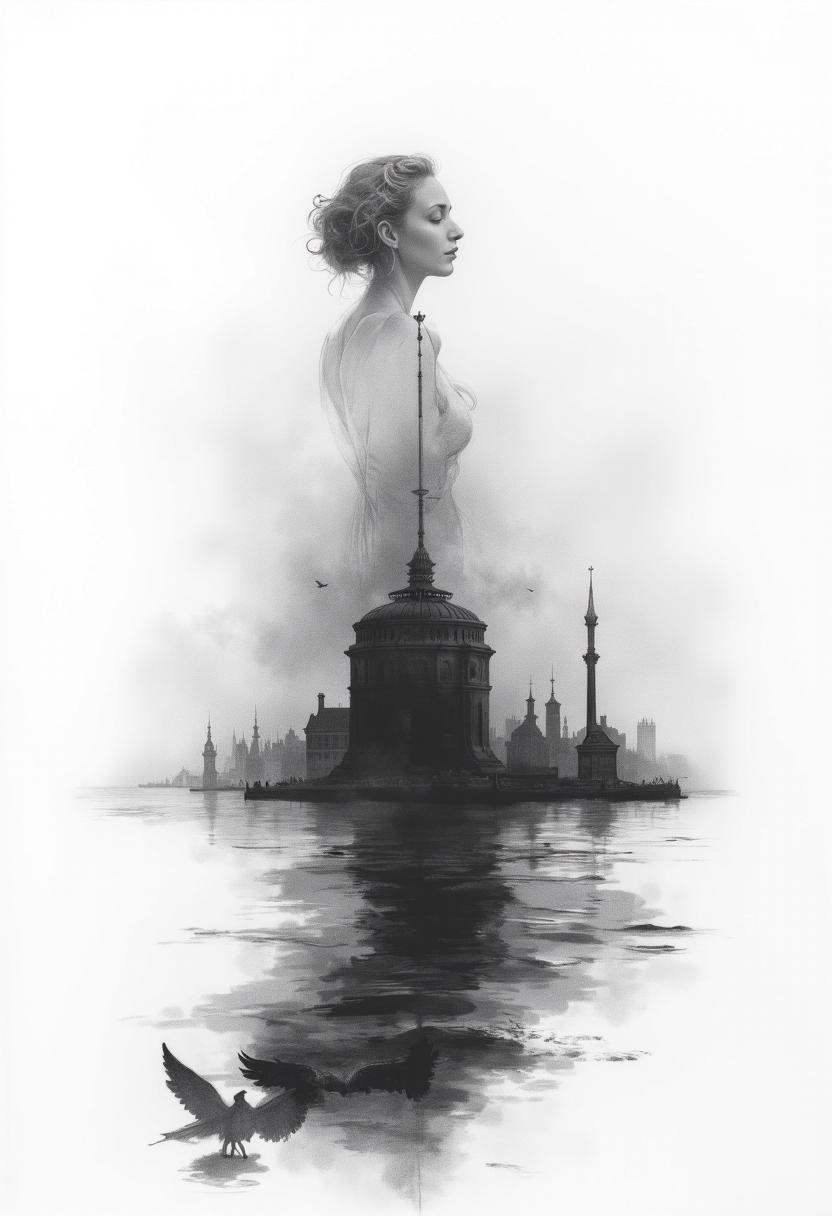 Charcoal drawings of the perfect sea siren. Double exposure,  the fabulous city of St. Petersburg against the backdrop of...