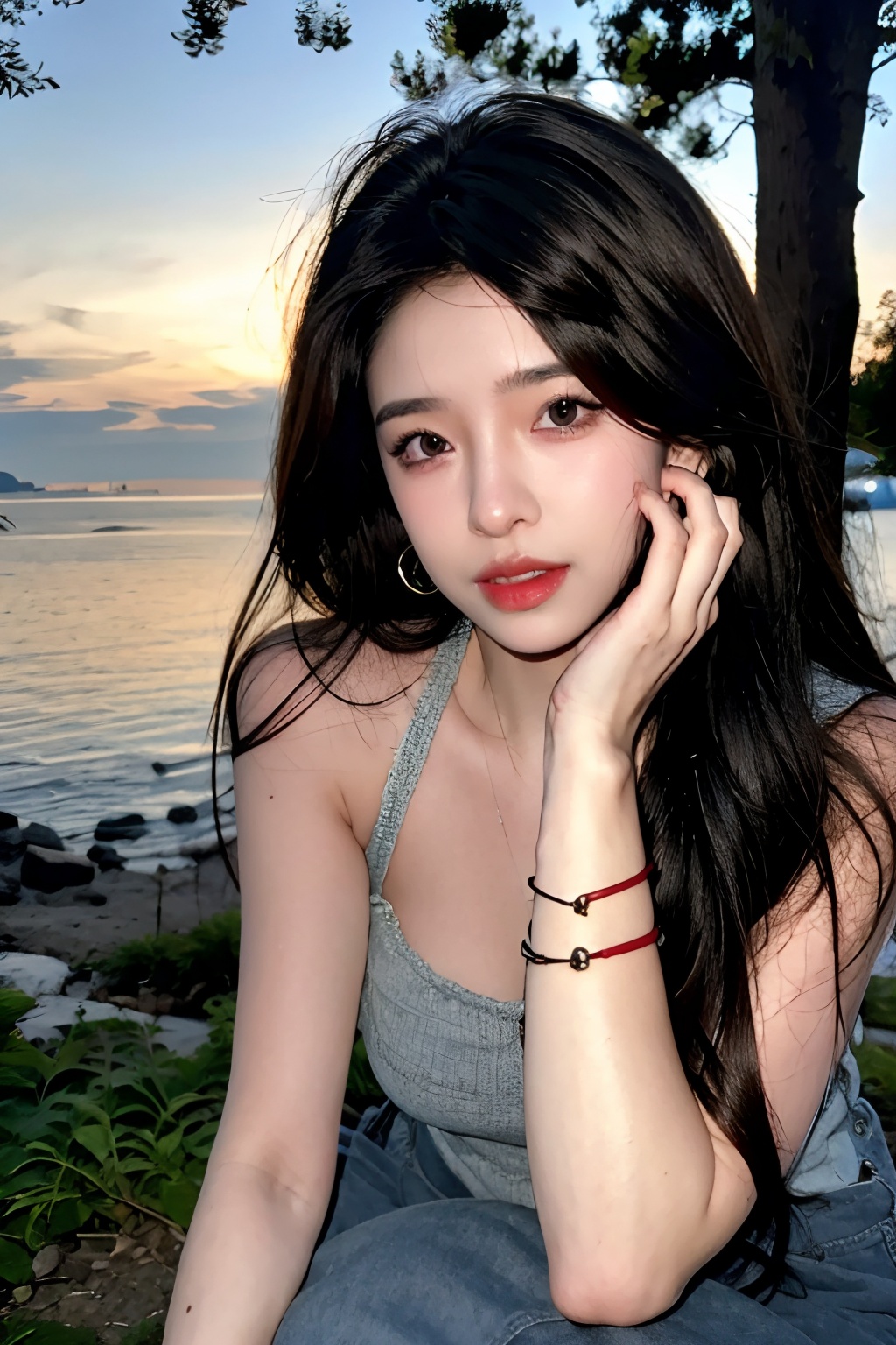 incredibly absurdres,huge filesize,ultra-high definition,extreme detail,8k,realistic,(masterpiece:1.3),(best quality:1.3),(photorealistic:1.4),realistic,4k,detail face,,1,1girl,solo,black hair,long hair,realistic,looking at viewer,sitting,outdoors,tree,sky,jewelry,day,lips,earrings,brown eyes,<lora:_20241115092614-000007:0.8>