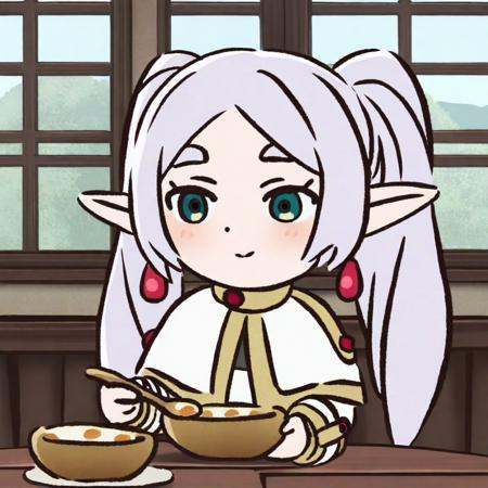<lora:mofafulilian_ill-xl-000090:1>,1girl, frieren, pointy_ears, elf, food, solo, jewelry, twintails, earrings, holding, green_eyes, white_capelet, spoon, long_hair, capelet, indoors, window, closed_mouth, parted_bangs, smile, long_sleeves, holding_spoon, white_hair, plate, bowl, grey_hair, dangle_earrings, upper_body