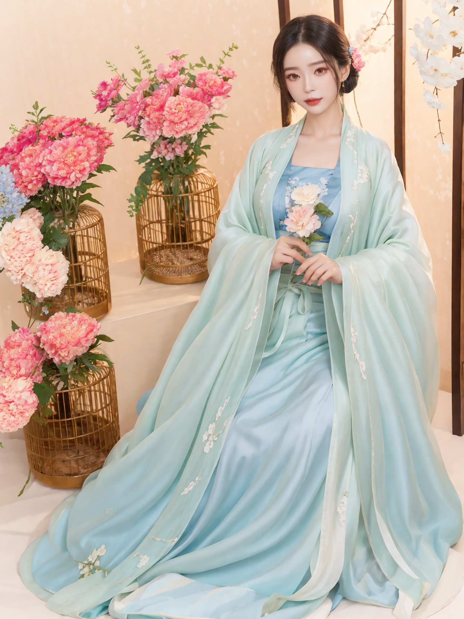 1,1girl,solo,perfect face,look at viewer,hanfu,chinese clothes,blue dress,white dress,holding flowers,sitting,upper body,front side,indoor,cage,flower,masterpiece,best quality,highly detailed,