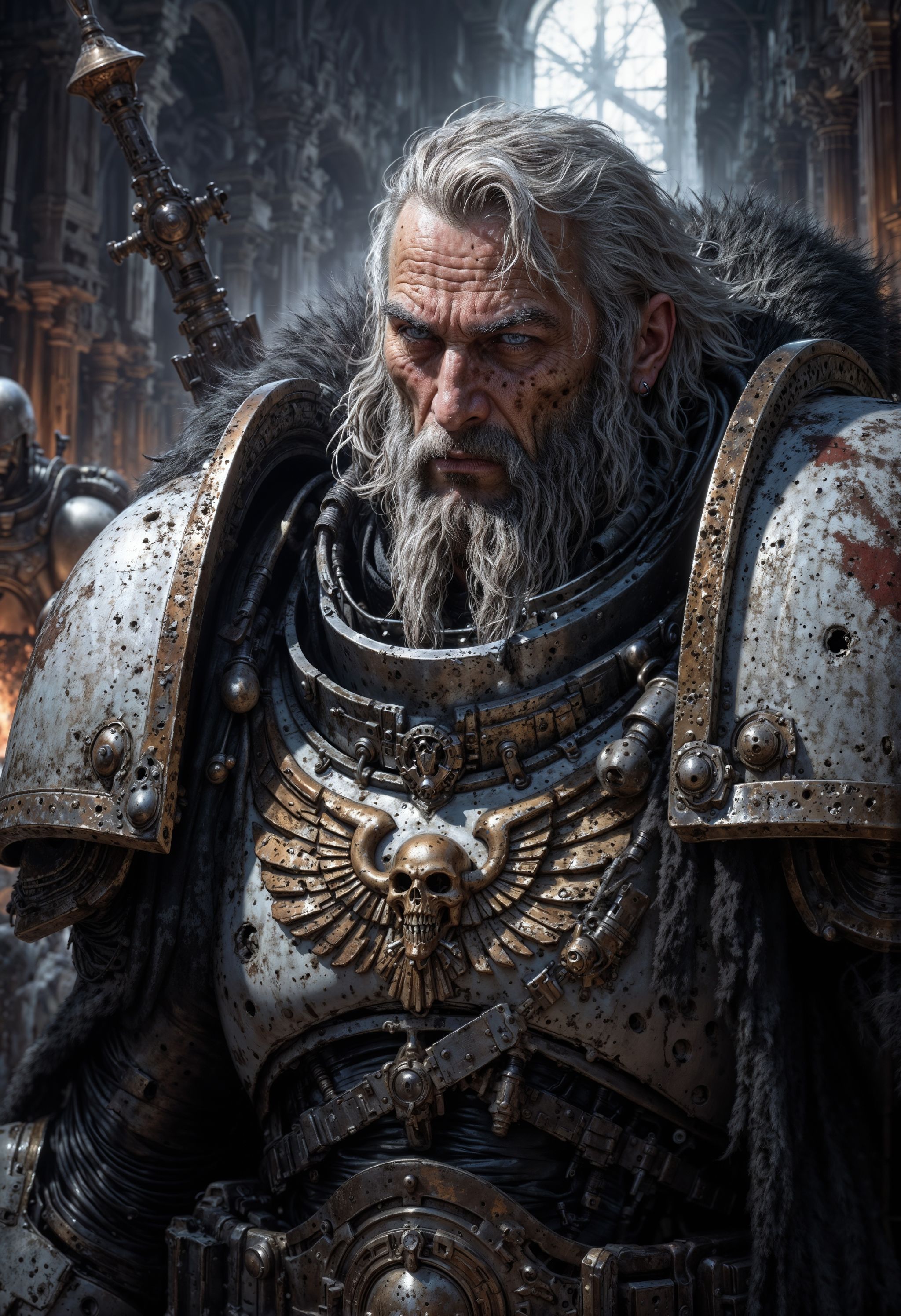 Highly detailed and realistic fantasy character in a dramatic shot. Epic cinematic depiction of a very old Paladin in full...