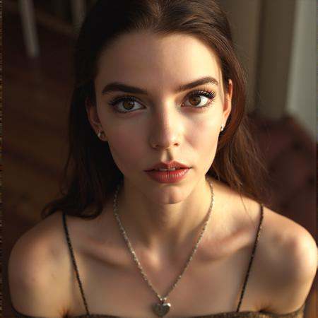 Breathtaking over the shoulder shot photography of ohwx looking at viewer,  imperfections,  necklace on Tensor.Art