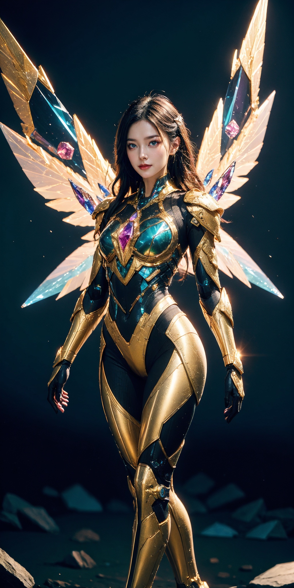 1girl, cyborg, (gem cyber:1.2), solo, armored, bodysuit, glowing, wings, outdoors, thighs, gem, gradient 