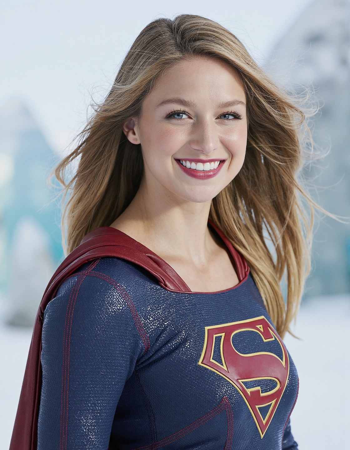 Breathtaking medium shot photography of ohwx,  as Supergirl,  wearing Supergirl bue and red outfit on Tensor.Art