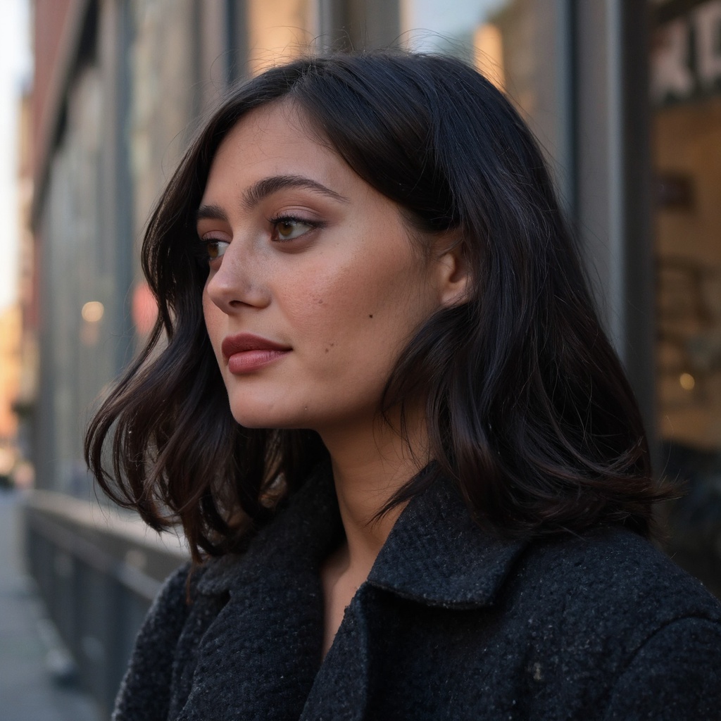 A portrait of ella_purnell with long,  wavy black hair,  captured in a side profile. She wears a dark on Tensor.Art
