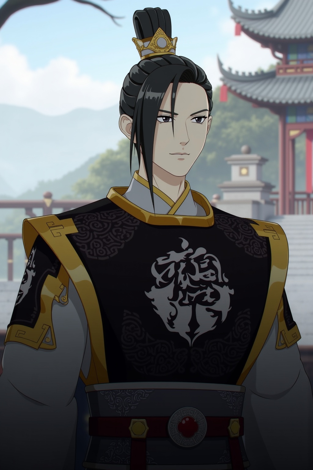 ancient chinese style,1boy,man with black eyes and black hair,black chinese clothes,outdoors,