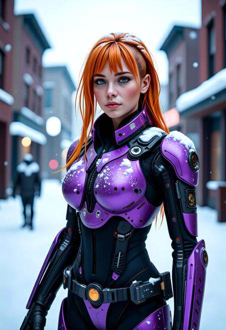 frostpunk style  young  sleek female (XX) irish, tan skin, turquoise eyes, character, Slim build, long fringe hair with shave sides neon orange hair, , (covered in snow, frost, and/or icicles), wearing a cryo purple heated exoskeleton, cryo-proof boots, mechanized exosuit, set in  a frozen city center with snow-covered vehicles and buildings, a ghost town of a bygone era. , in a blizzard,   <lora:flux_trainer/moxiePunk_v4D>