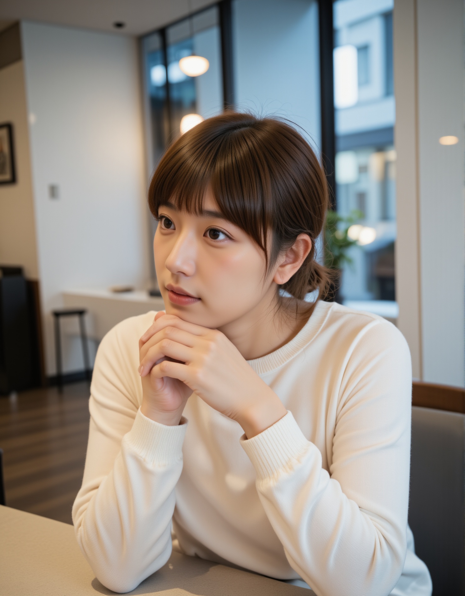 A young woman with fair skin and long brown hair tied back in a loose ponytail,  wearing a white,  long-sleeved sweater. S...