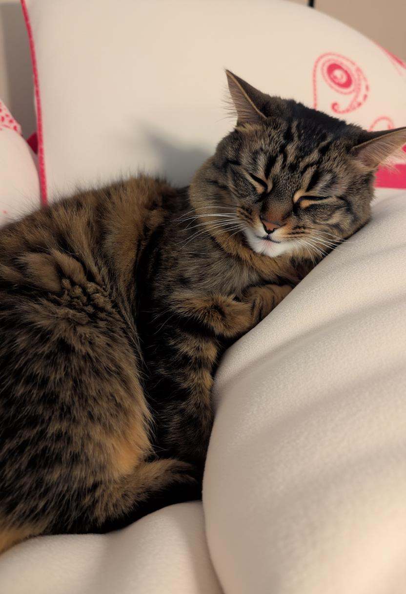photograph of a fluffy,  medium-sized cat named Allie with a mottled coat featuring dark brown and black tabby stripes cur...