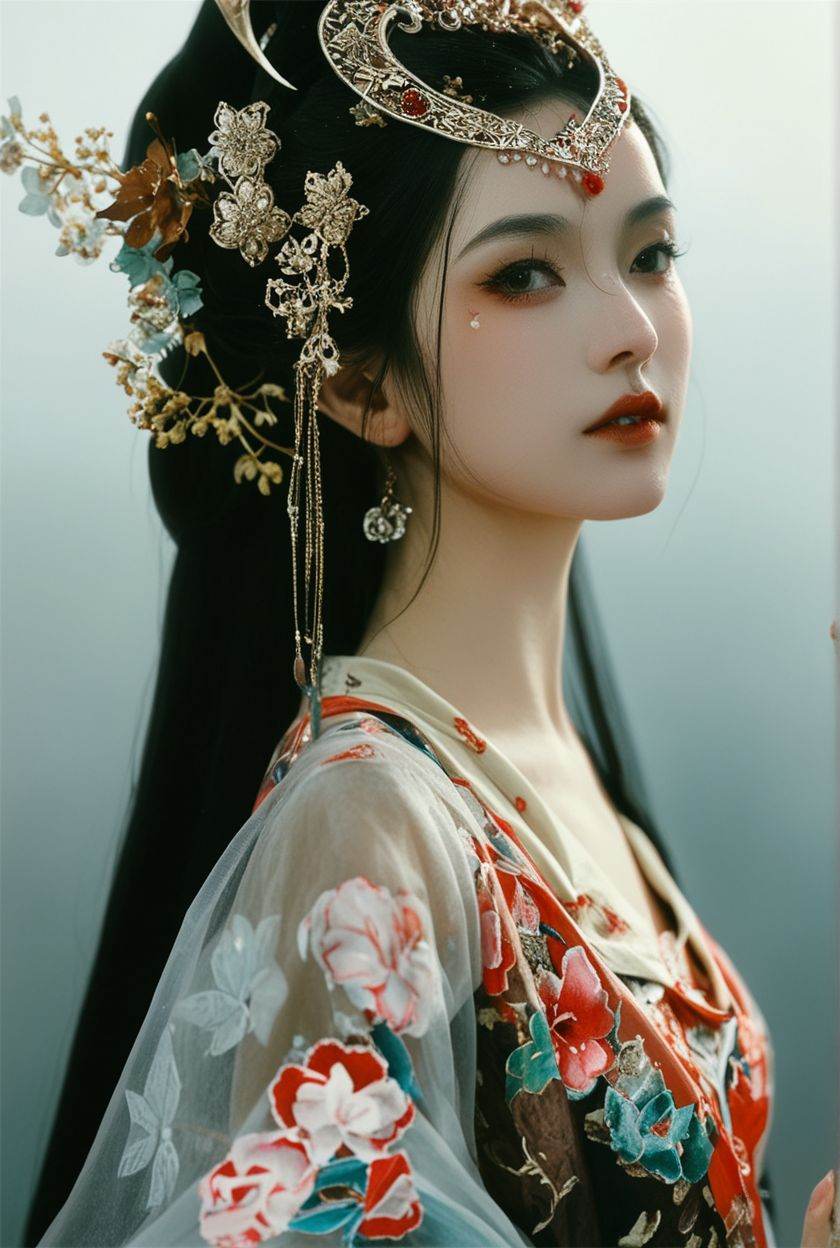 score_9,score_8_up,score_7_up,score_6_up,score_5_up,score_4_up,xiexinghanfu,this image features a figure adorned with traditional Chinese elements. The subject is draped in a flowing garment with intricate floral patterns,suggesting a fusion of elegance and nature. A lavish headdress,rich with symbolism,crowns the figure,its adornments cascading down the back. The attire and accessories are imbued with cultural significance,likely representing a character from Chinese folklore or mythology. The overall composition of the image is ethereal,with a misty ambiance that adds to the mystique of the scene.,