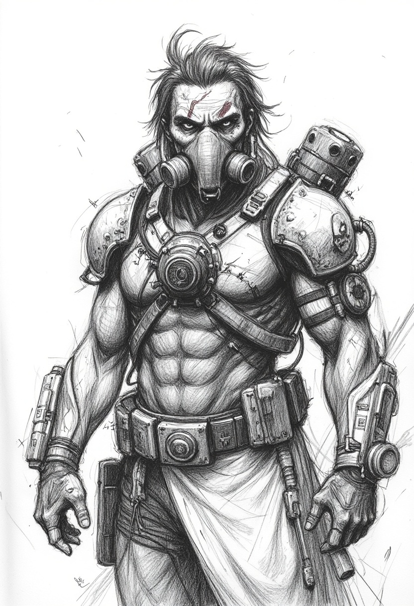 pencil drawing of a post-apocalyptic scavenger with a weathered,  scarred face. They wear makeshift armor cobbled together...
