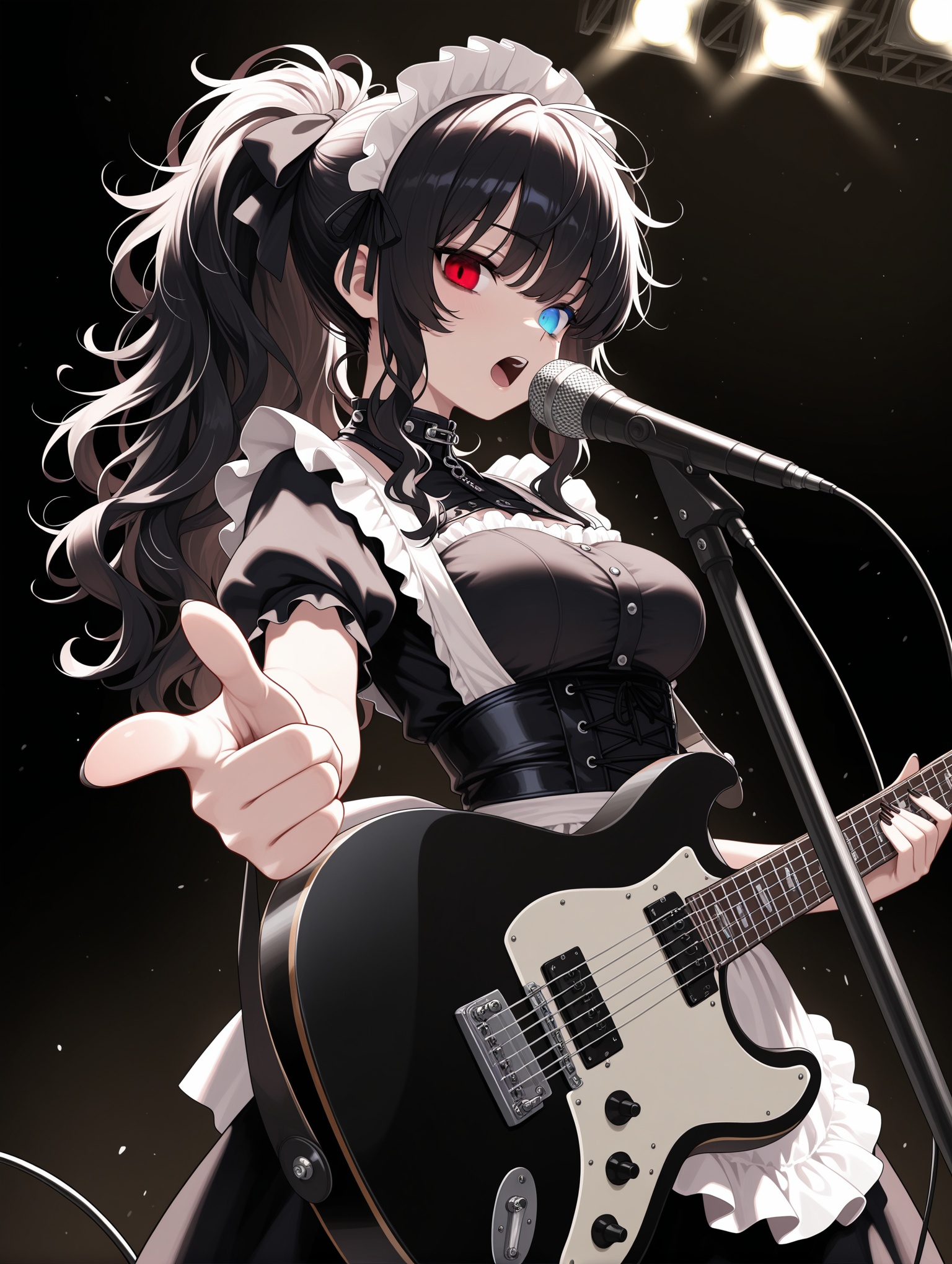 1girl, heterochromia, long hair, messy hair, medium breasts, ponytail, wavy hair, goth fashion,maid, hair ribbon, playing instrument, electric guitar, singing, pointing at viewer, stage lights, dark background, ,masterpiece,best quality,amazing quality,