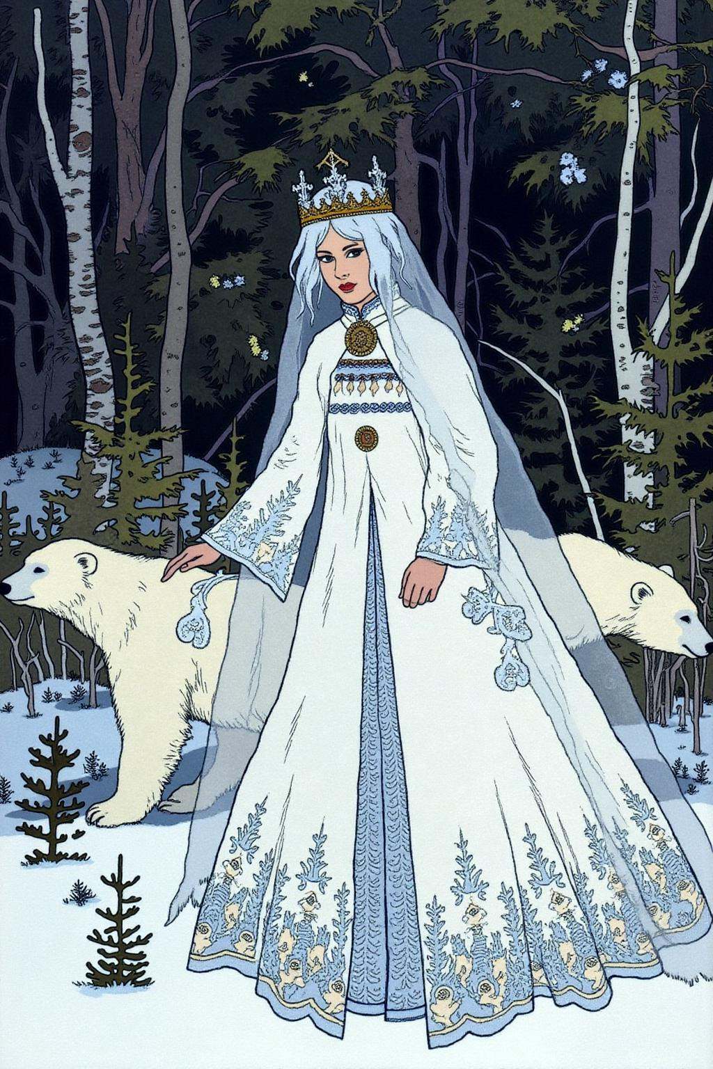 ivanbilibin1 illustration. dulac1. A Snow Queen with an ethereal appearance. She is dressed in a flowing,  long white gown...