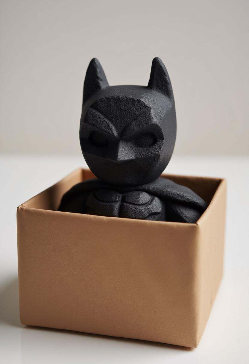 The image is a photograph of a simplistic coal statue resembling Batman,  in an unwrapped giftbox . on Tensor.Art