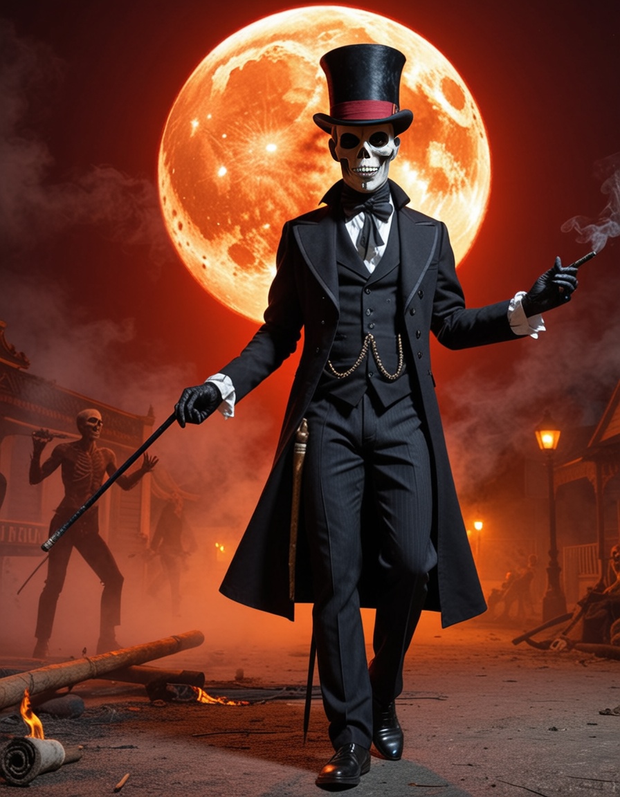 Night. Haze. (Bright,  big red moon). A baron_samedi dances at the crossroads. He is wearing only an unbuttoned tailcoat....