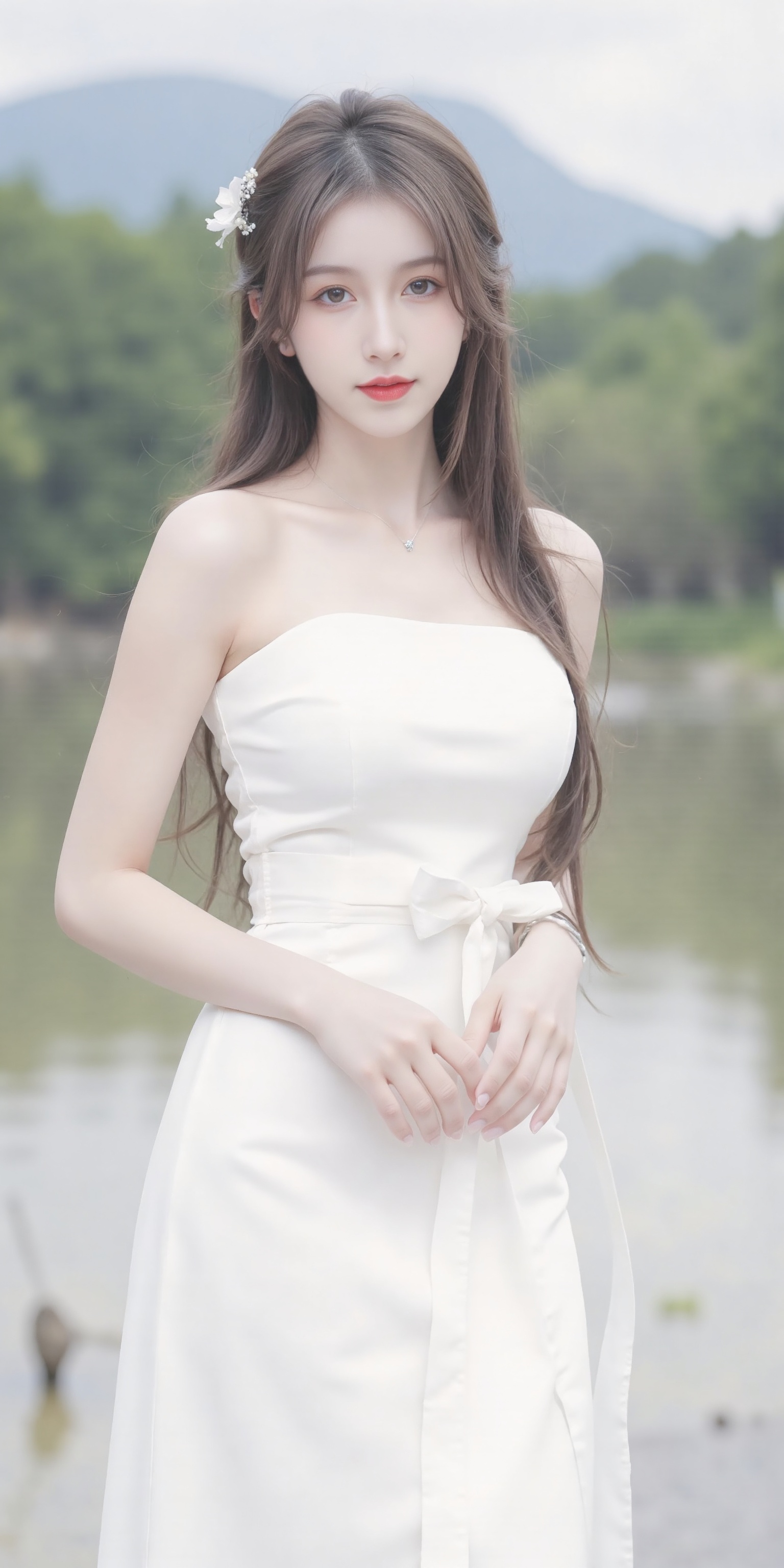 a young Asian woman dressed in a white strapless dress adorned with a white belt tied around her waist. Her hair is pulled back in a ponytail with a small white flower pinned into her hair. She is standing in front of a body of water with trees and a mountain in the background. The woman's eyes are a deep blue and her lips are a vibrant red adding a pop of color to the scene. The backdrop is blurred creating a peaceful and serene atmosphere.,