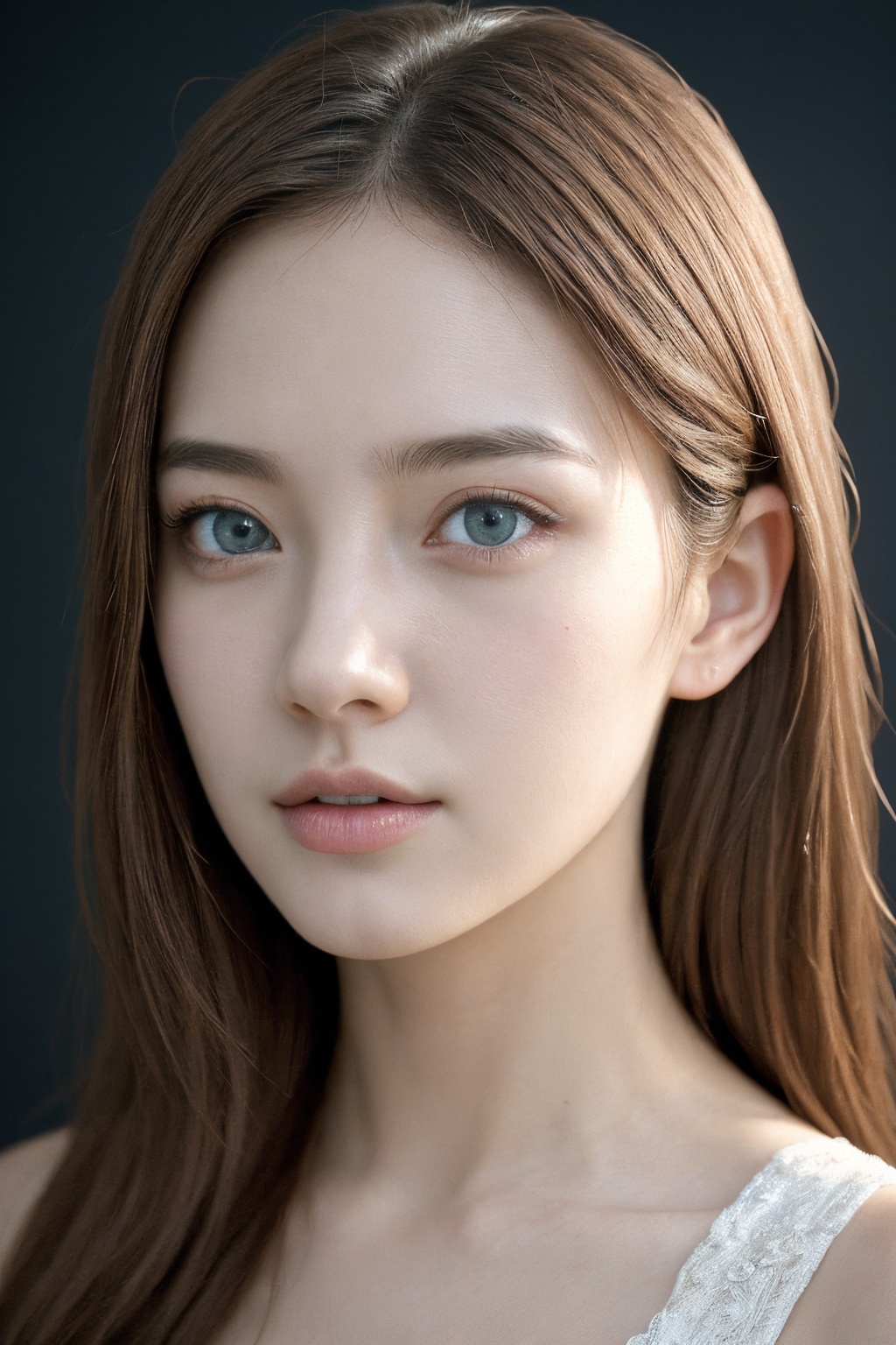 (extremely detailed), (detailed face:1.4), (beautiful detailed eyes:1.2), girl, bright glistening skin, realistic skin, skin pores, beautiful, pretty, upper body, dramatic lighting, realistic, teenage, dress, simple background,
