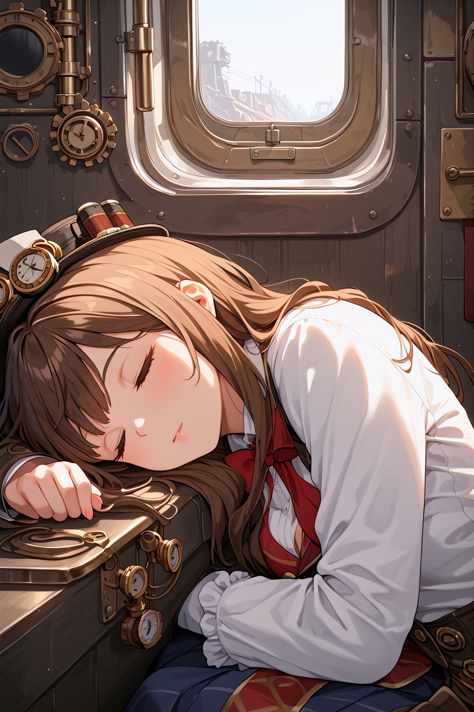 score_9,  best quality,dynamic,train1girl,(steampunk:1.1),sitting,sleeping,close up,