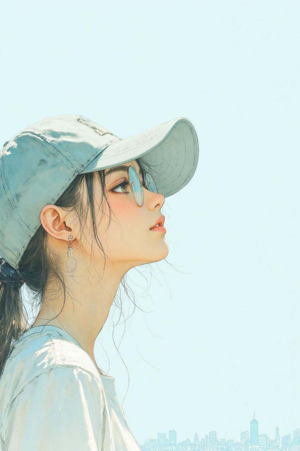 nijiwatercolor2 anime illustration.A young woman,  shown in side profile,  is wearing a light blue cap and a light-colored...