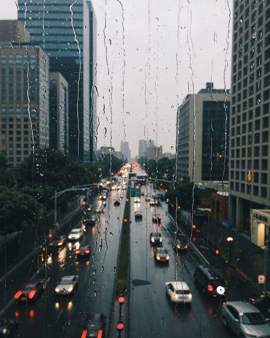 This photograph captures a rainy urban scene through a rain-streaked window,  creating a moody and introspective atmospher...