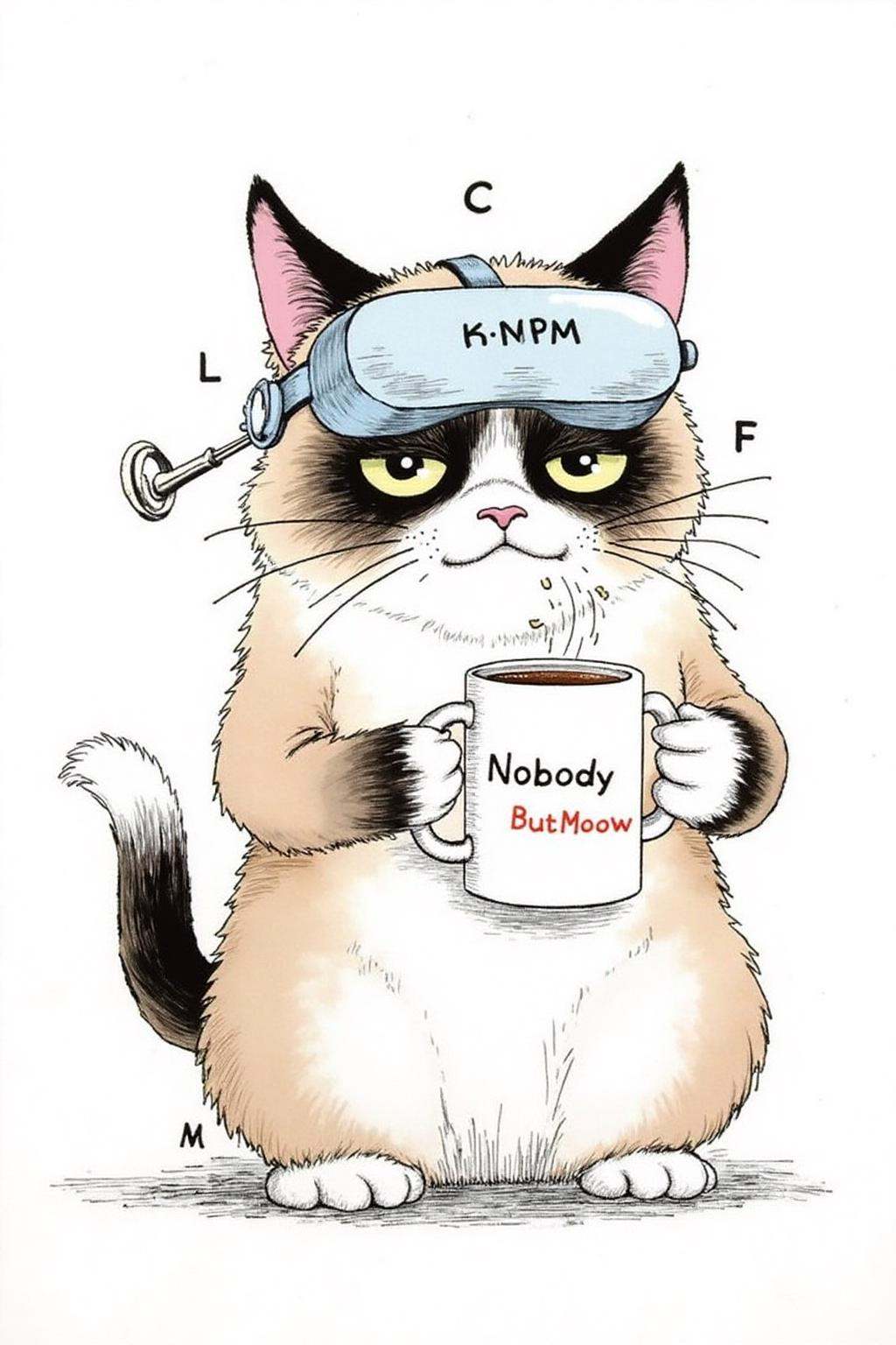 rugo1 illustration. Grumpy Cat holding a coffee mug,  wearing a VR Headset. The mug has the phrase "NobodyButMeow" printed...