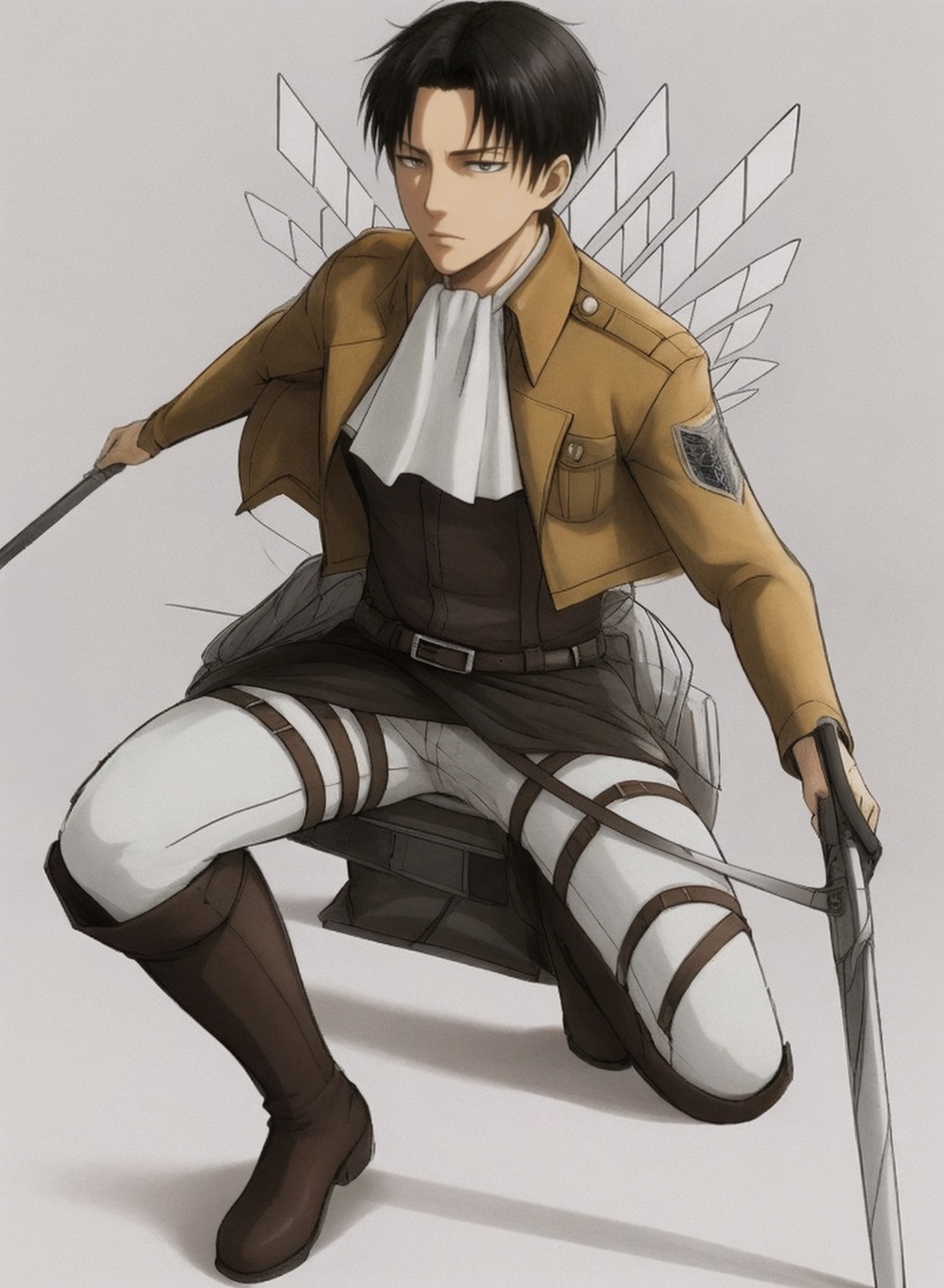 golden hour,highly detailed,ultra-high resolution,32K UHD,sharp focus,best-quality,masterpiece,Emotionalization,with a high-end texture,<lora:利威尔:0.6>,liweier,paradis military uniform,1boy,black hair,solo,levi \(shingeki no kyojin\),dual wielding,weapon,three-dimensional maneuver gear,sword,male focus,emblem,jacket,boots,ascot,holding,survey corps \(emblem\),wire,thigh strap,transparent background,black eyes,curtained hair,full body,belt,