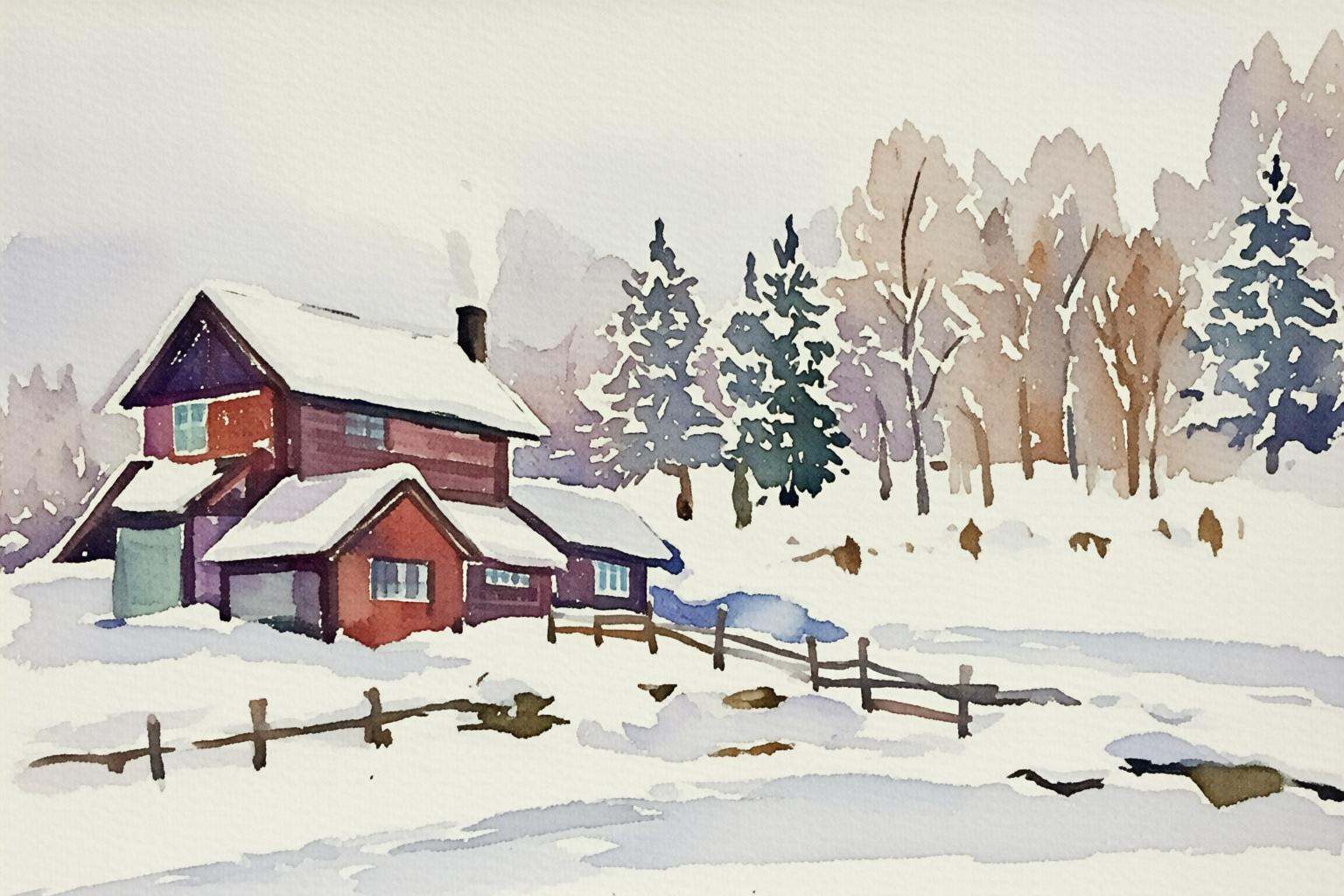 watercolorbasic2q watercolor painting.A cabin in a snowy landscape. The cabin,  painted in earthy red,  has a steeply pitc...