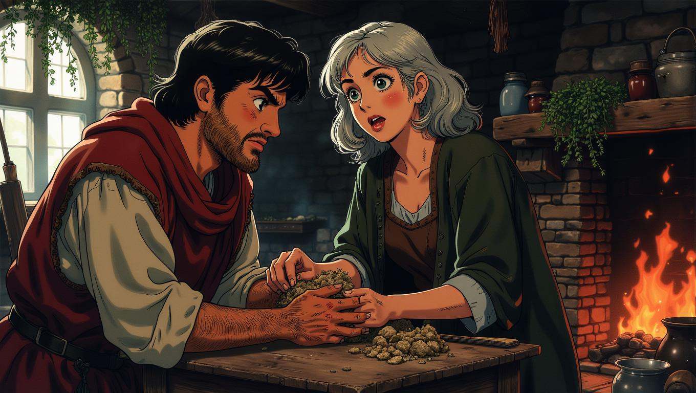 A medieval healer,  an elderly woman with kind eyes and weathered hands,  tends to a wounded soldier in a small on Tensor.Art