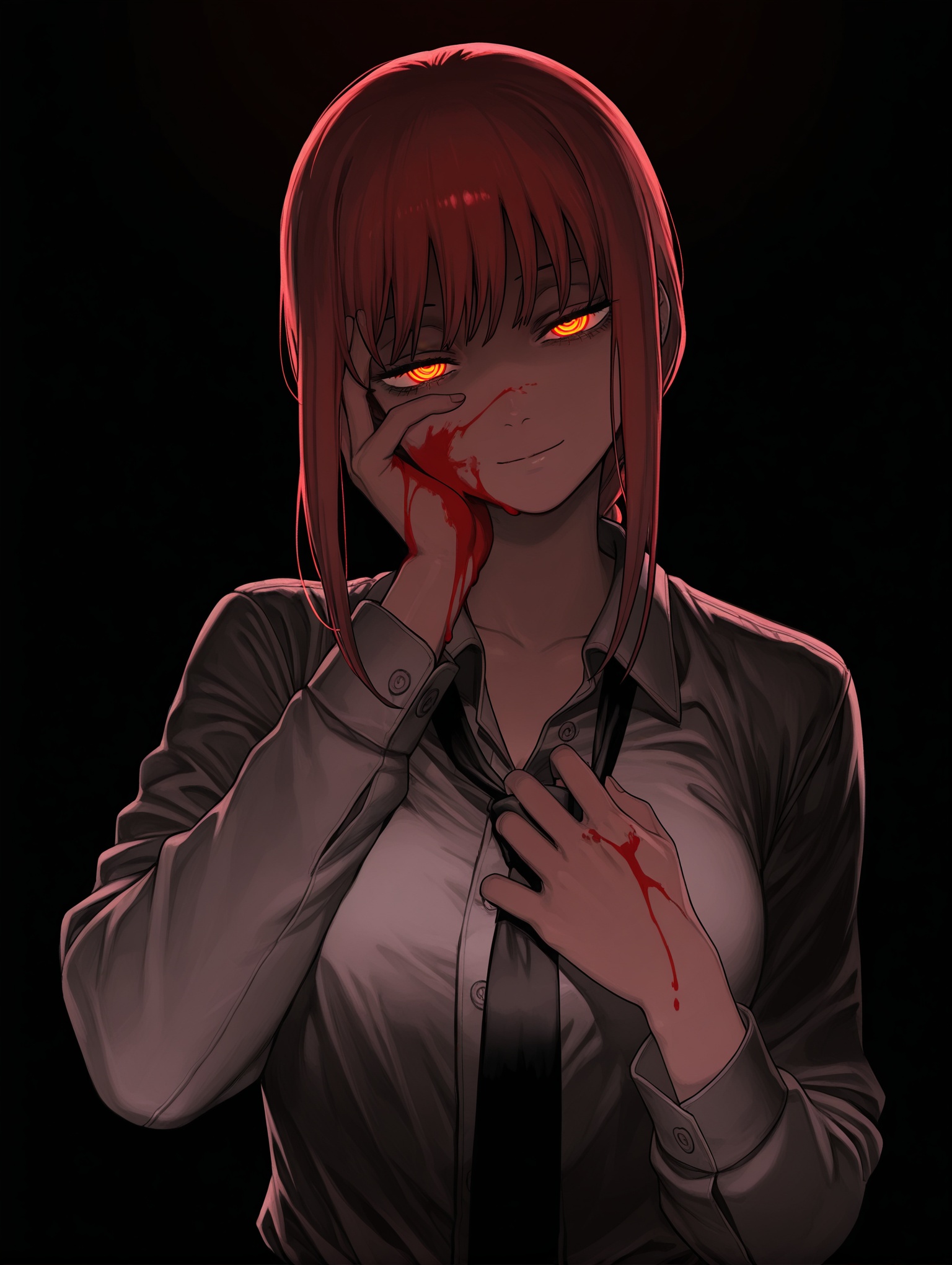 1girl, makima \(chainsaw man\), head tilt, smeared blood, blood on face, hand on own face, blood theme, violent theme, half-closed eyes, bored, glowing eyes, loose necktie, light smile, yandere, maniac, adjusting necktie, dark theme, black theme,,masterpiece,best quality,amazing quality,