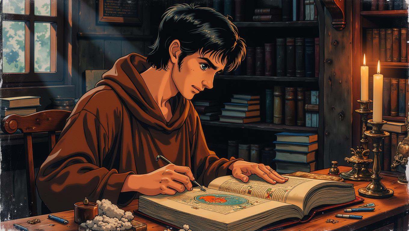 A medieval monk,  dressed in a simple brown robe,  sits at a wooden desk in a dimly lit scriptorium on Tensor.Art