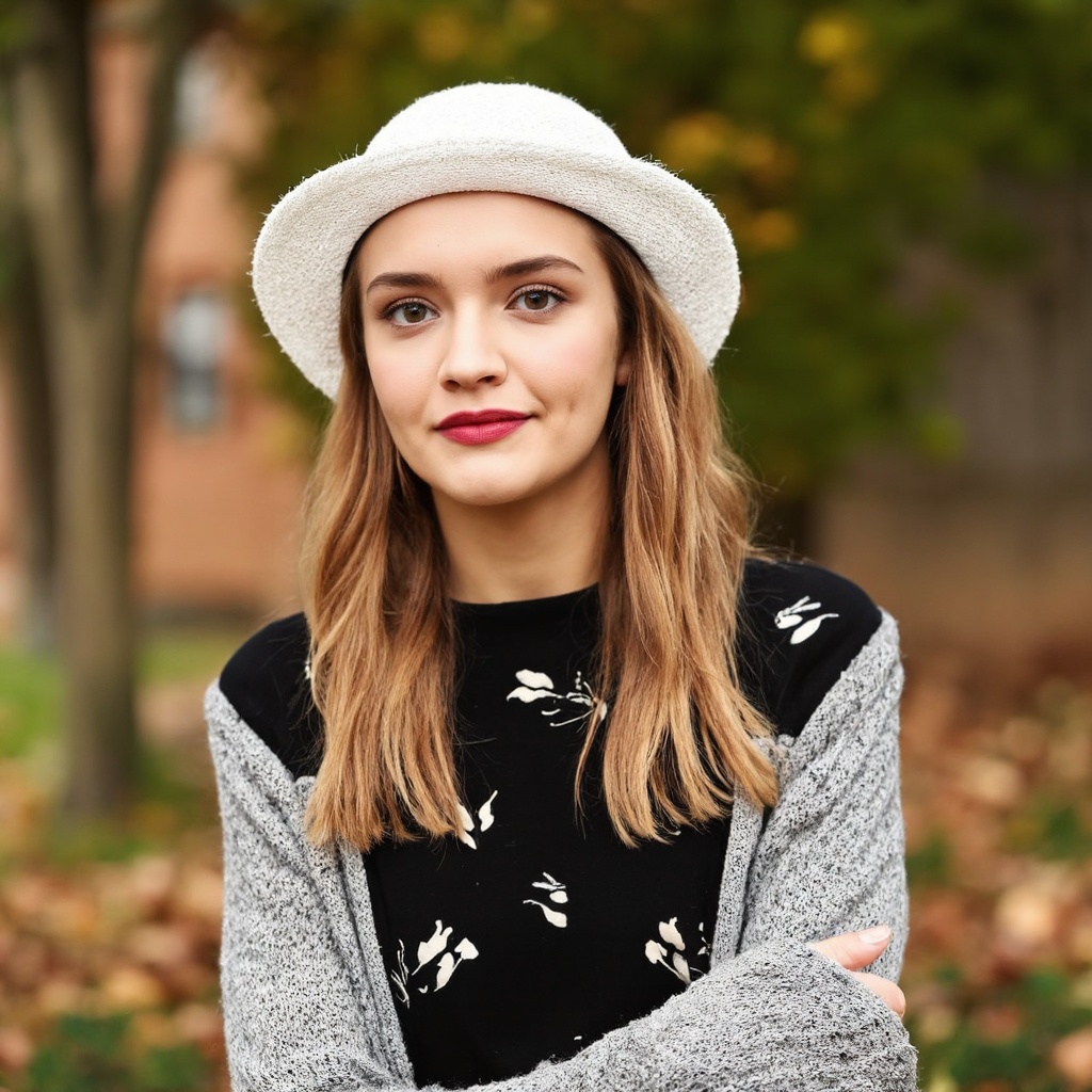 A portrait of olivia_cooke outdoors,  captured in a candid moment. She wears a white lace hat,  a black top with white flo...