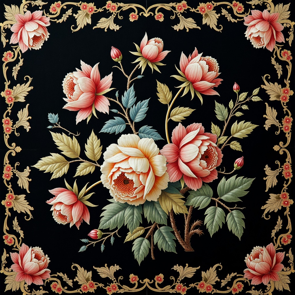 embroidery,there is a picture of a bird and flowers on a black background,floral embroidery,victorian textiles,embroidered brocade,fabric embroidery,luxury journal cover,baroque cloth,highly detailed pattern,panel of black,8k fabric texture details,flowers. baroque elements,baroque wallpaper,intricate dark background,flower motif,ornate background,fine foliage lace,black rococo,ornate decorative background,inside stylized border,1 8 th century spring ornaments,decorative border,beaded embroidery,baroque frame border,background **** of big curtains,detailed lacework,directoire style,very detailed black feathers,filigree border,jewel embellishment,extremely intricate high detail,chinoiserie pattern,richly detailed colored,ornamental edges,