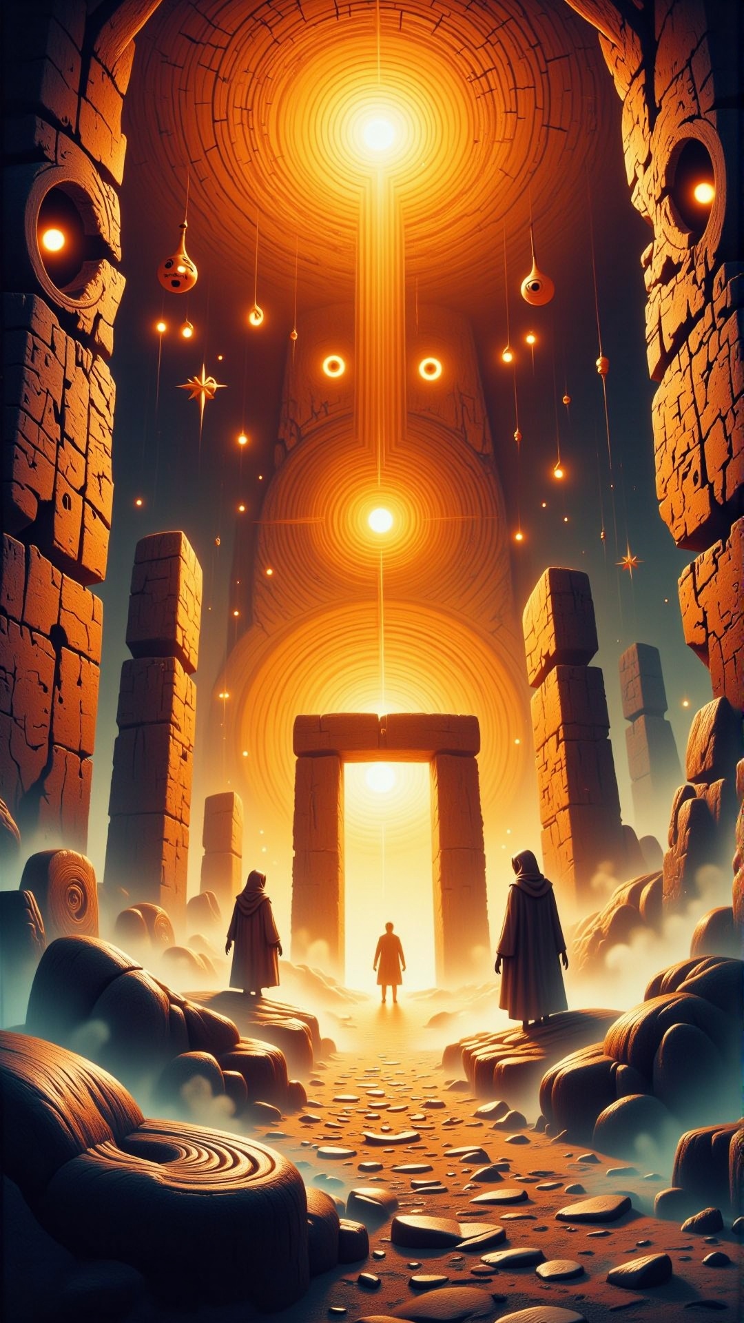 HalloweenGlowStyle orange themed Cave painting,  Stonehenge,  Sunrise on Tensor.Art