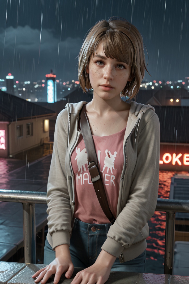 maxcaulfield101 freckled score_9,  score_8_up,  score_8 in the rain on a roof at night neon lights on Tensor.Art