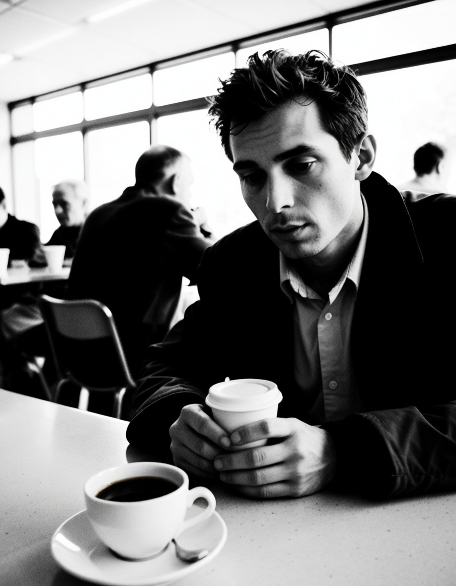 ehcartier,  man having a coffe,  crowded cafeteria on Tensor.Art